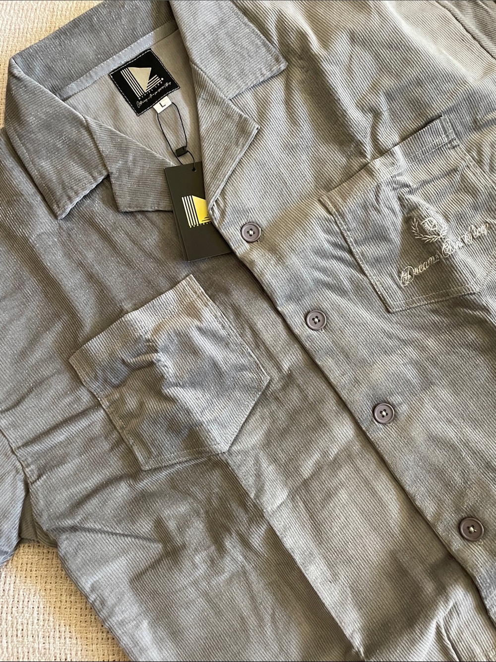 Men's Gray Corduroy Button-Up Short sleeve